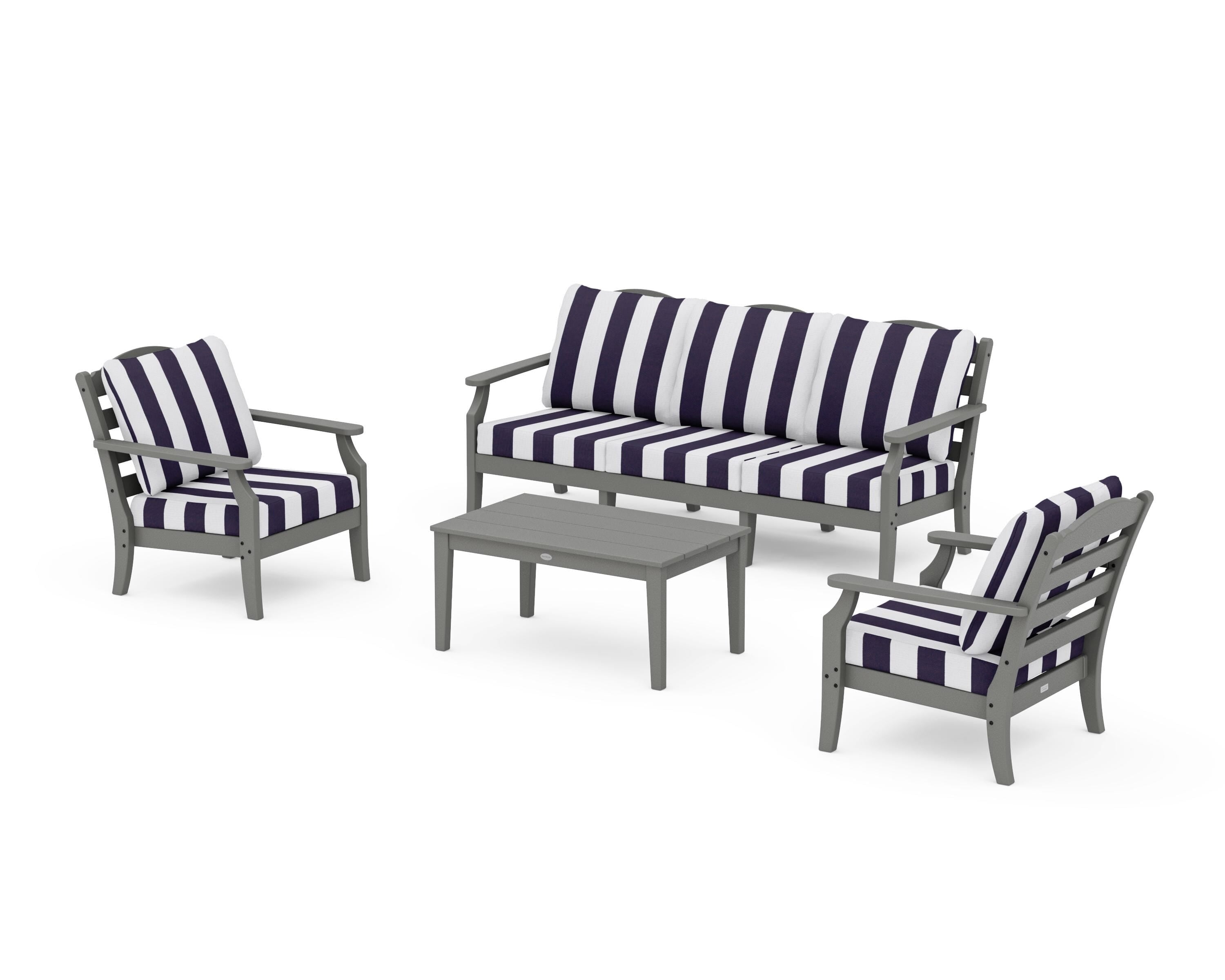 Draper James™ by  POLYWOOD® Savannah 4-Piece Deep Seating Set with Sofa in Slate Grey / Cabana Stripe Navy