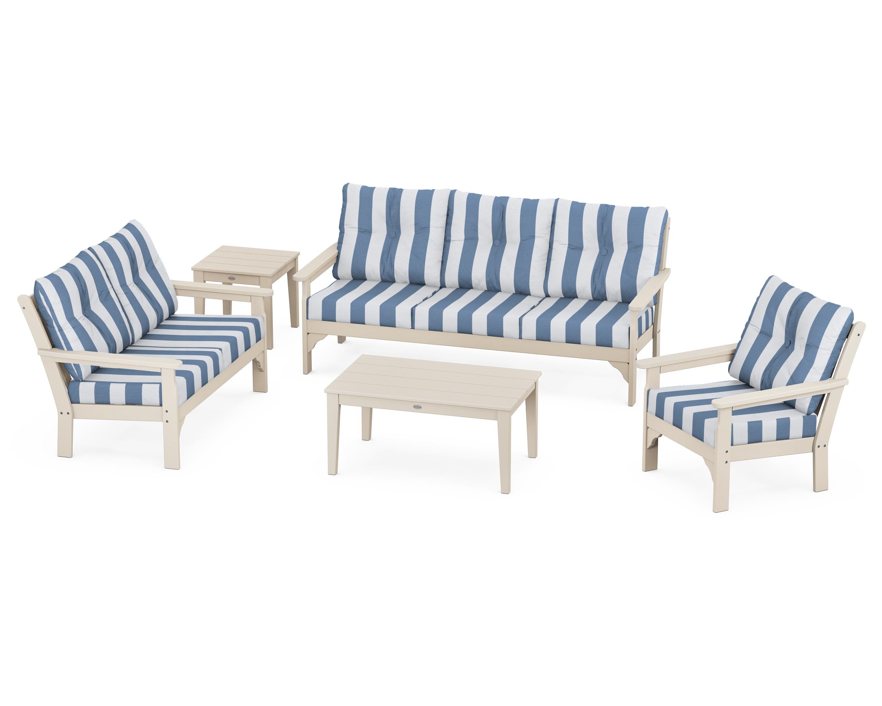 POLYWOOD® Vineyard 5 Piece Deep Seating Set in Sand / Cabana Stripe Sky Blue