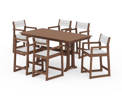 POLYWOOD® EDGE Sling Arm Chair 7-Piece Farmhouse Counter Set with Trestle Legs in Teak / White Sling