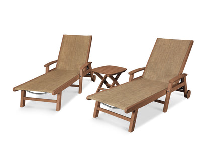 POLYWOOD® Coastal 3-Piece Wheeled Chaise Set in Teak / Burlap Sling