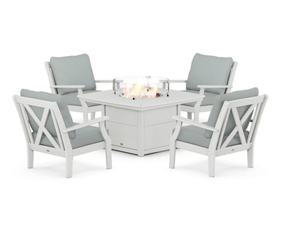 POLYWOOD® Braxton 5-Piece Deep Seating Conversation Set with Fire Pit Table in White / Spa