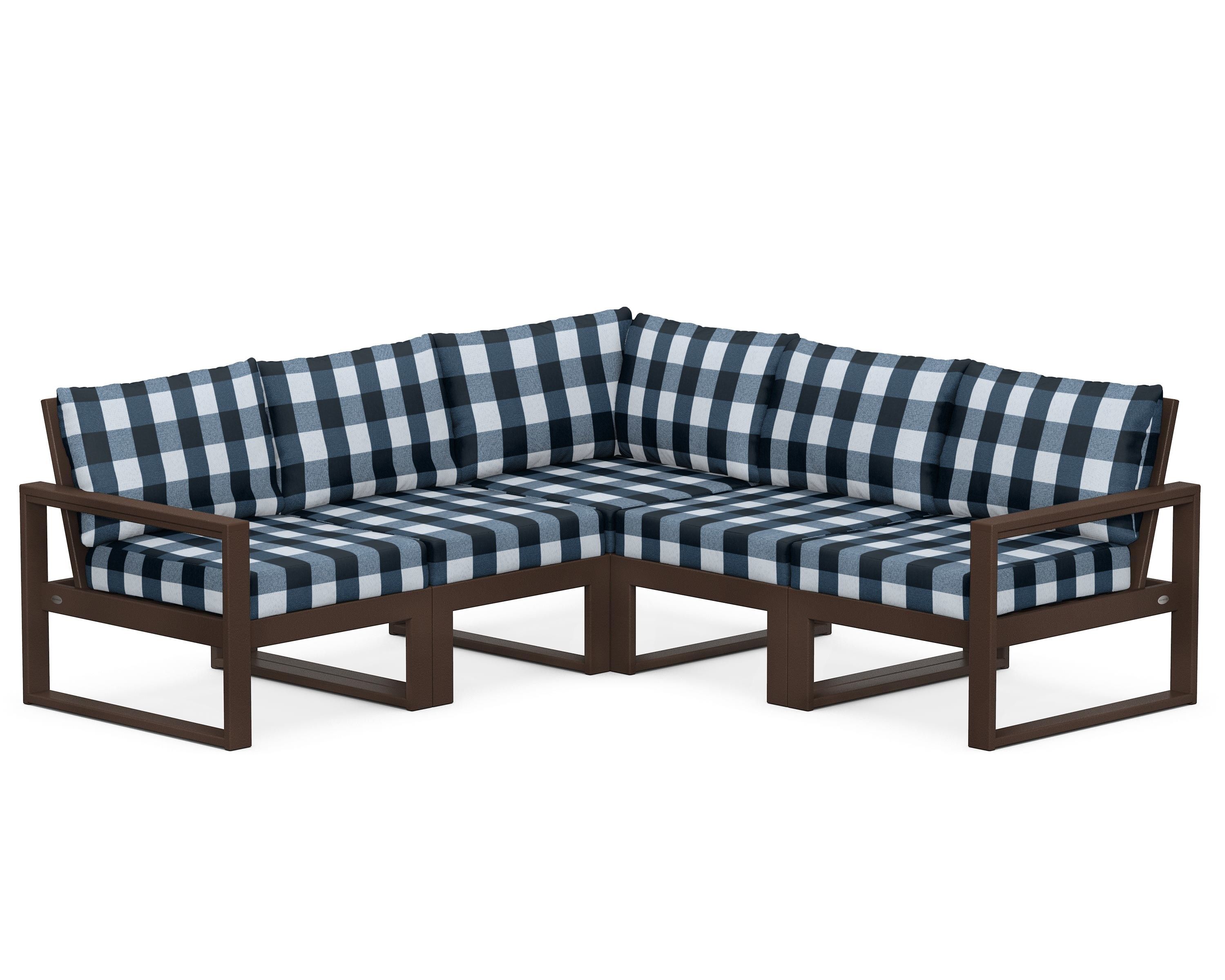 POLYWOOD® EDGE 5-Piece Modular Deep Seating Set in Mahogany / Buffalo Plaid Marine Indigo