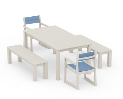 POLYWOOD® EDGE Sling Arm Chair 5-Piece Parsons Dining Set with Benches in Sand / Poolside Sling