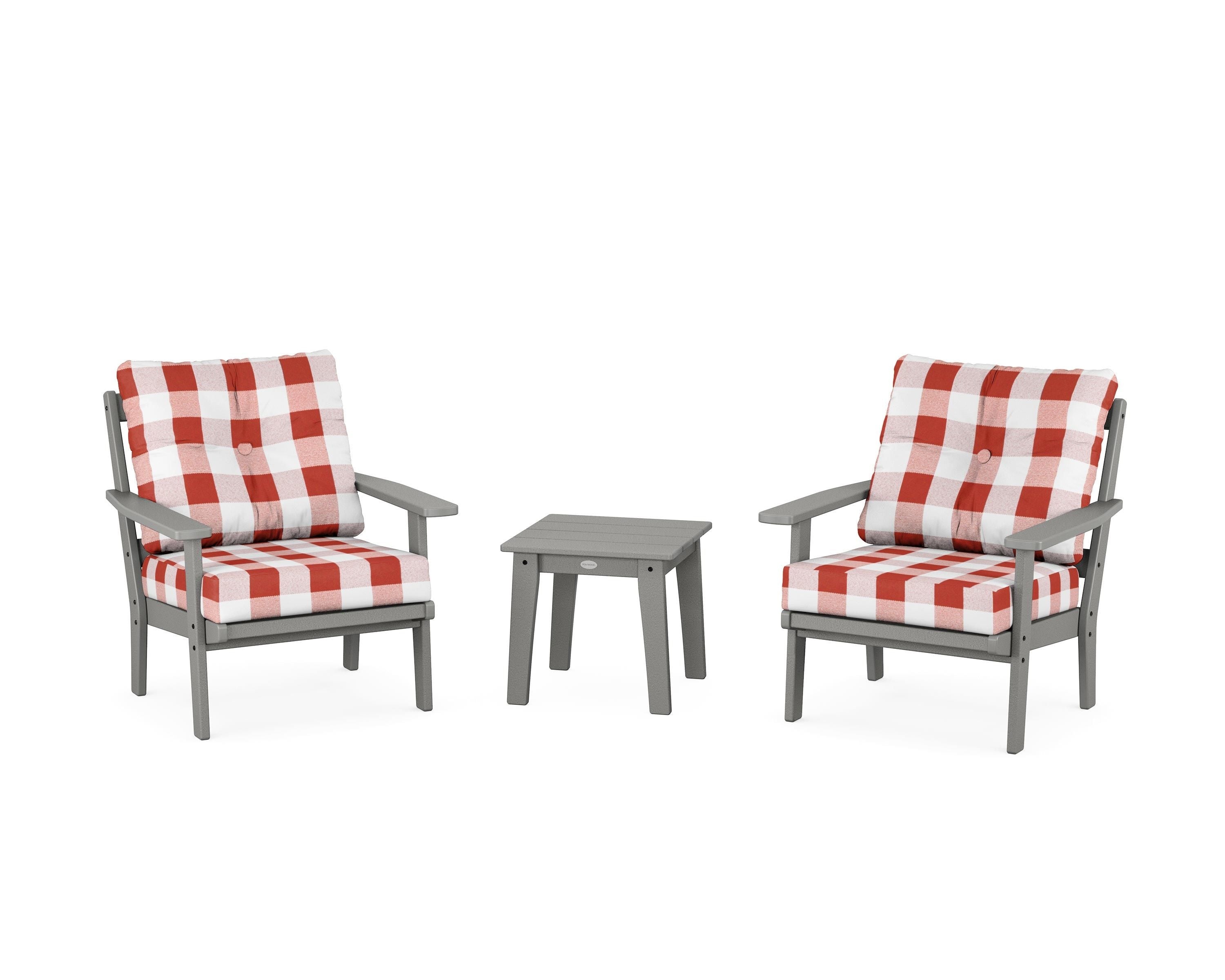 POLYWOOD® Oxford 3-Piece Deep Seating Set in Slate Grey / Buffalo Plaid Crimson