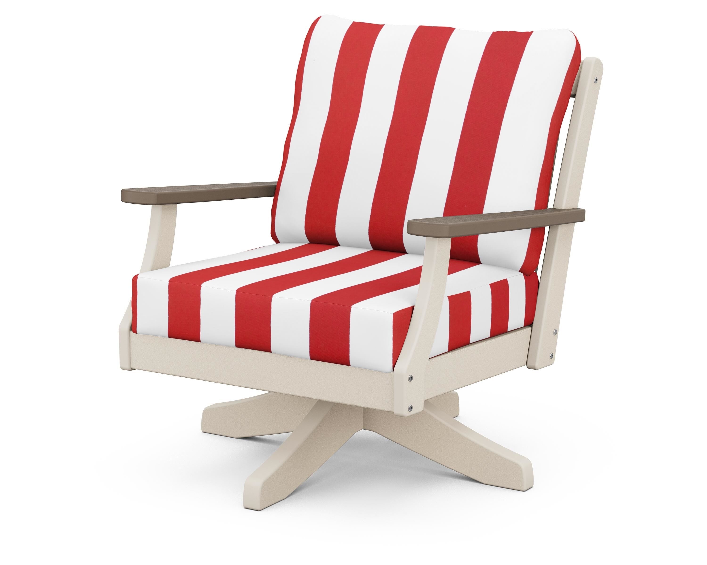 POLYWOOD® Braxton Deep Seating Swivel Chair in Sand / Kona / Cabana Stripe Crimson