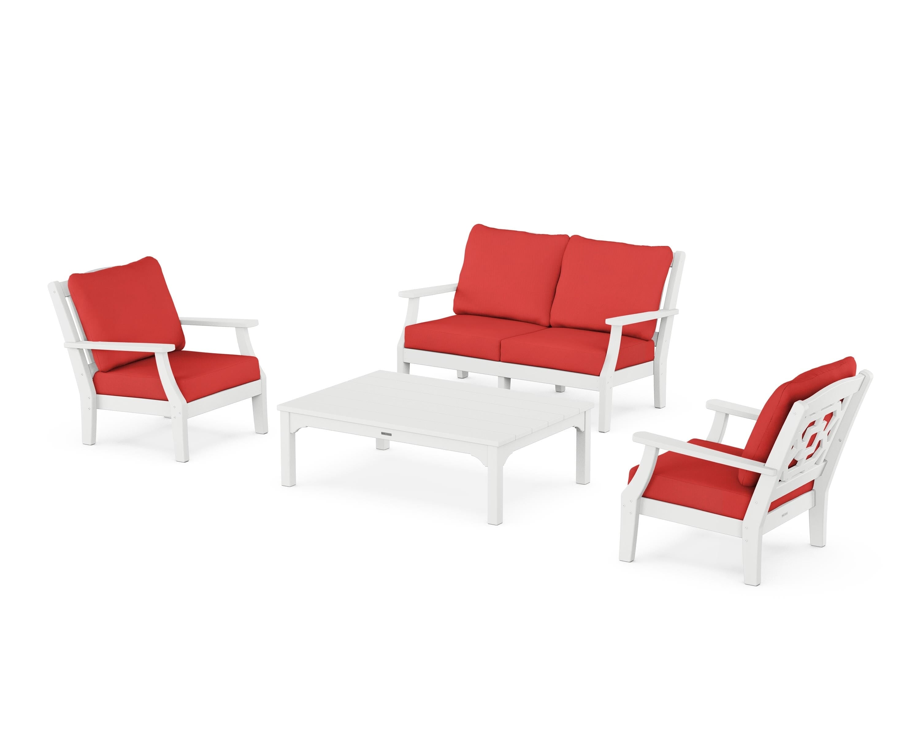Martha Stewart by POLYWOOD® Chinoiserie 4-Piece Deep Seating Set with Loveseat in White / Crimson Linen