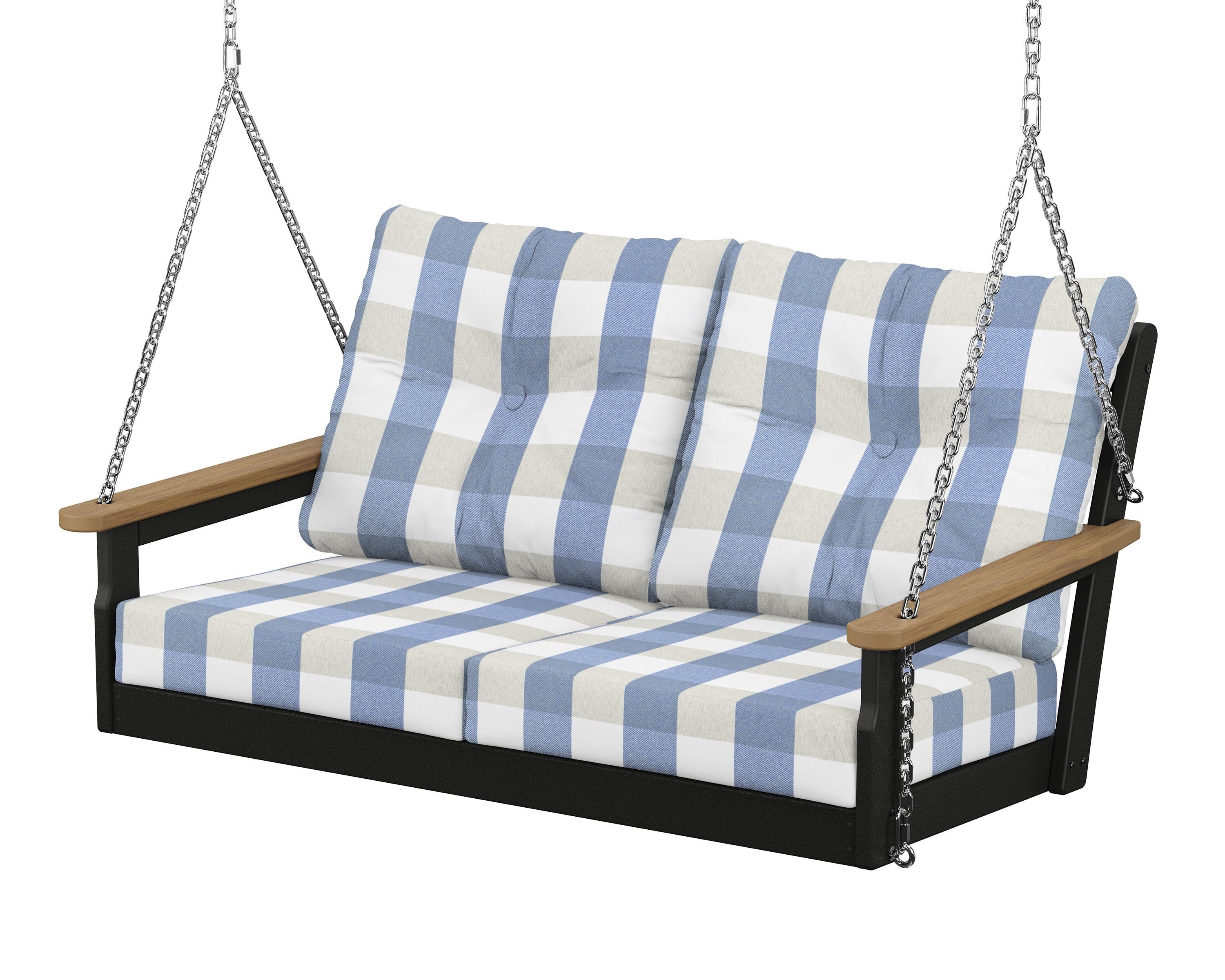 POLYWOOD® Vineyard Deep Seating Swing in Black / Natural / Buffalo Plaid Sky Blue