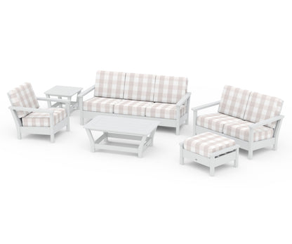 POLYWOOD® Harbour 6-Piece Outdoor Living Set in White / Buffalo Plaid Dune Burlap