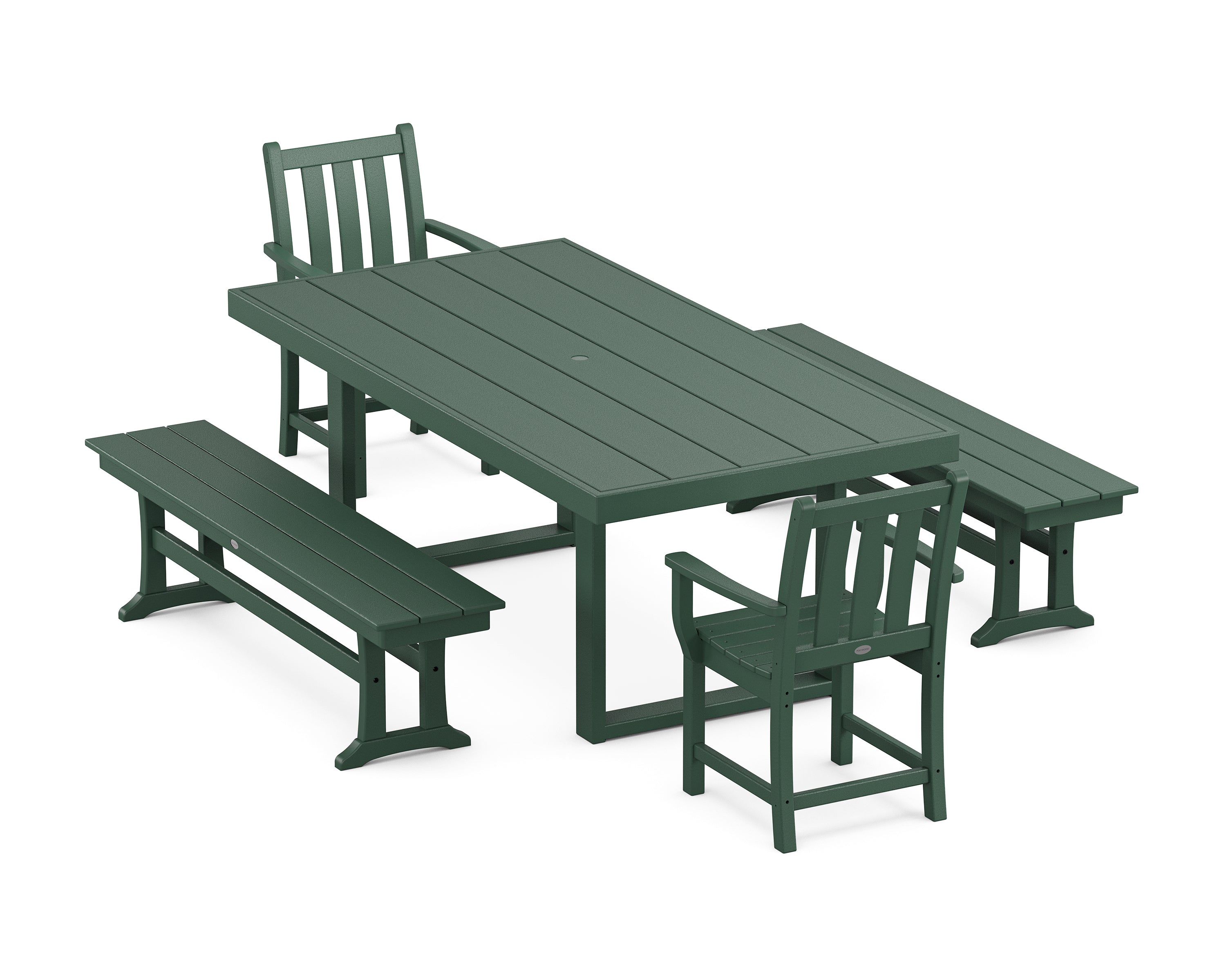 POLYWOOD® Traditional Garden 5-Piece Dining Set with Benches in Green