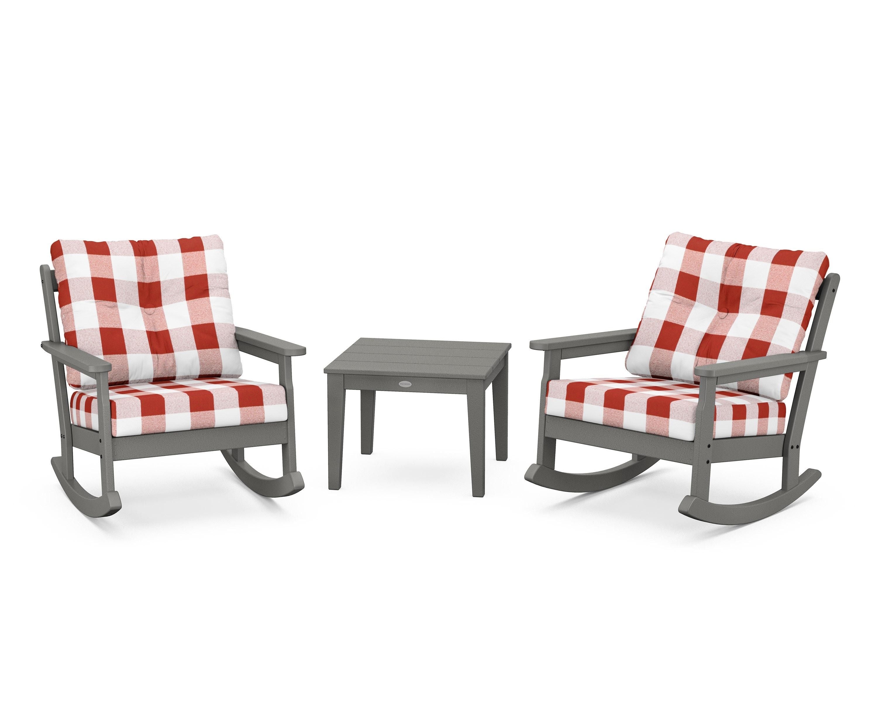 POLYWOOD® Vineyard 3-Piece Deep Seating Rocker Set in Slate Grey / Buffalo Plaid Crimson