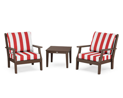 Country Living Wovendale 3-Piece Deep Seating Set in Mahogany / Cabana Stripe Crimson