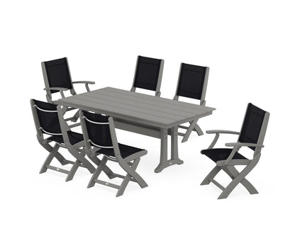POLYWOOD® Coastal Folding Chair 7-Piece Farmhouse Dining Set with Trestle Legs in Slate Grey / Black Sling