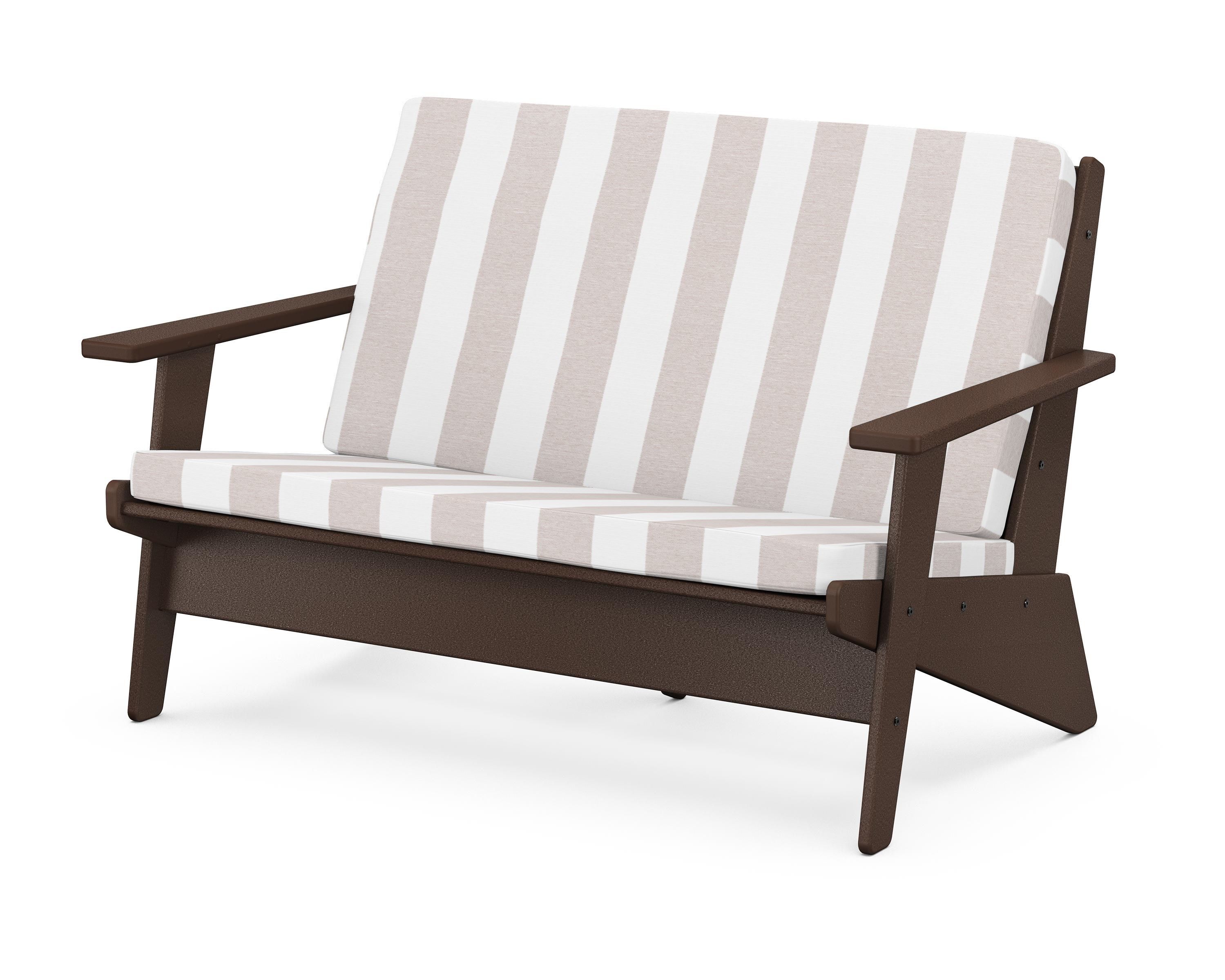 POLYWOOD® Riviera Modern Lounge Loveseat in Mahogany / Cabana Stripe Dune Burlap