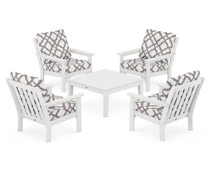 POLYWOOD® Vineyard 5-Piece Deep Seating Conversation Set in White / Trellis Grey Mist