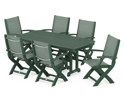 POLYWOOD® Coastal Folding Arm Chair 7-Piece Dining Set in Green / Dupioni Sea Mist Sling