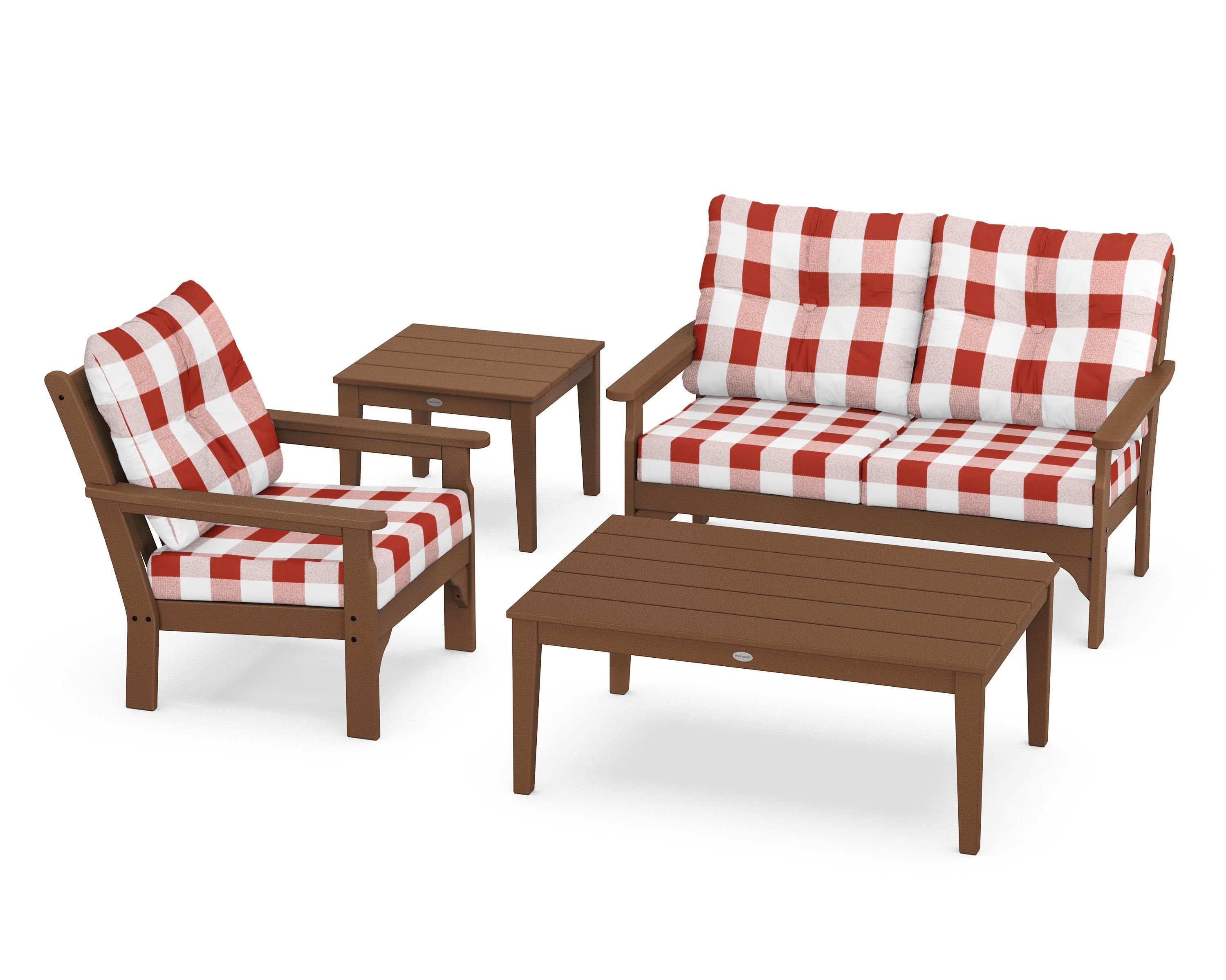 POLYWOOD® Vineyard 4-Piece Deep Seating Set in Teak / Buffalo Plaid Crimson
