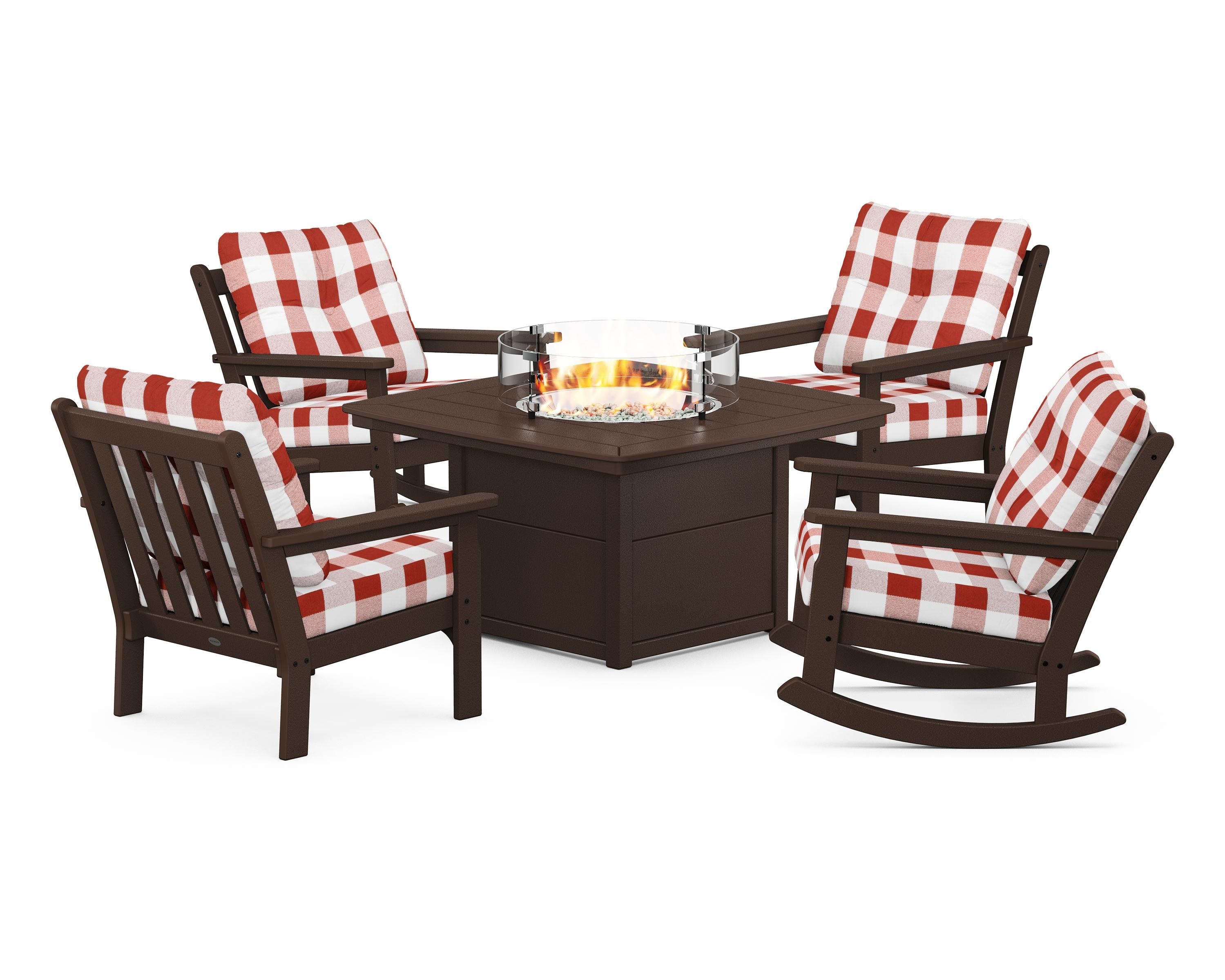 POLYWOOD® Vineyard 5-Piece Deep Seating Rocking Chair Conversation Set with Fire Pit Table in Mahogany / Buffalo Plaid Crimson