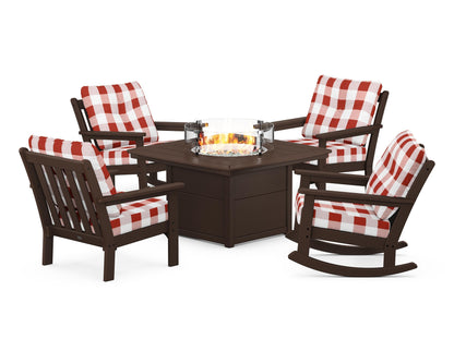 POLYWOOD® Vineyard 5-Piece Deep Seating Rocking Chair Conversation Set with Fire Pit Table in Mahogany / Buffalo Plaid Crimson
