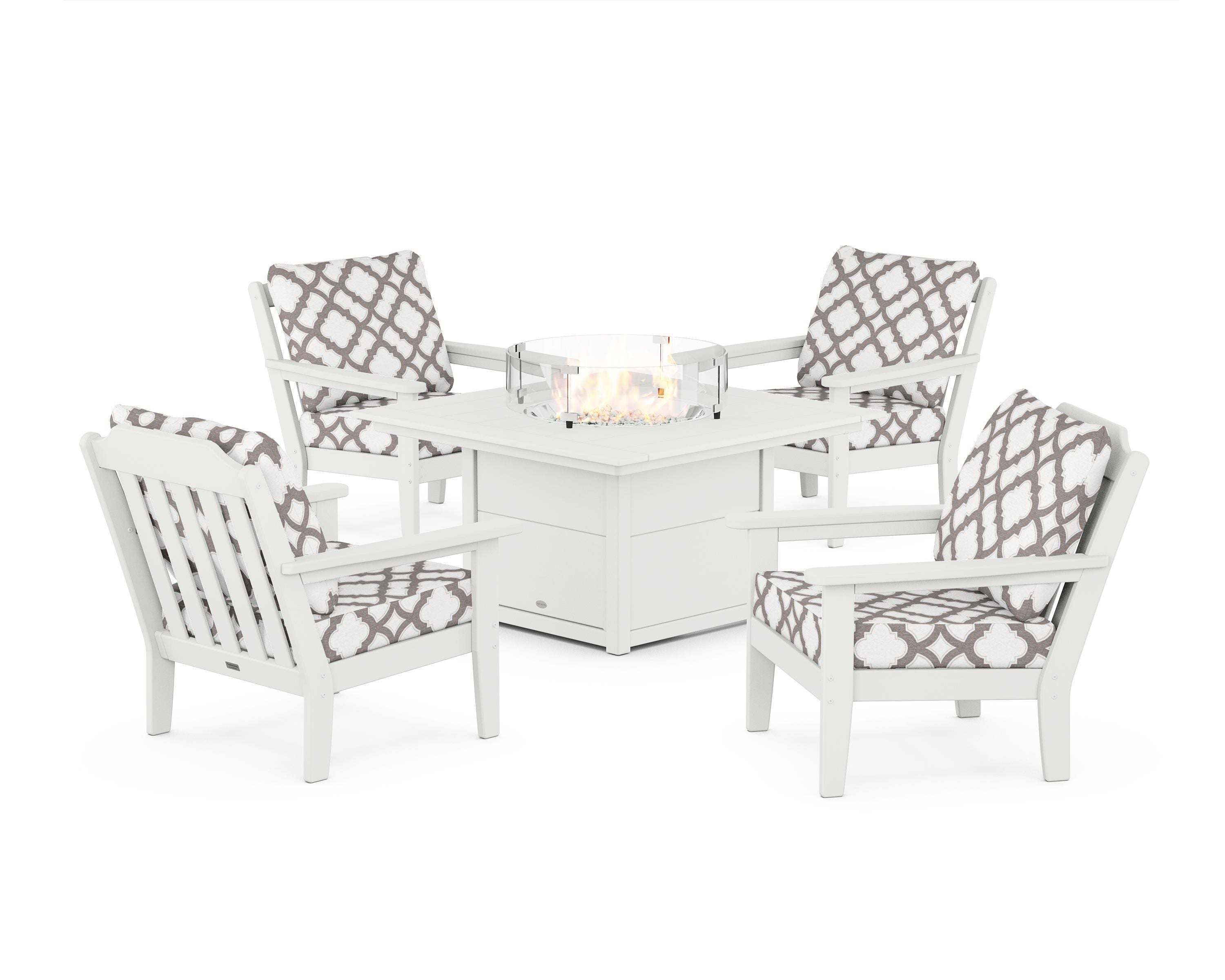 Country Living Cottage 5-Piece Deep Seating Set with Fire Pit Table in White / Trellis Grey Mist
