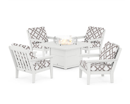 Country Living Cottage 5-Piece Deep Seating Set with Fire Pit Table in White / Trellis Grey Mist
