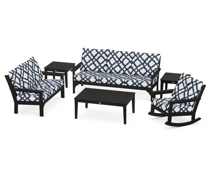 POLYWOOD® Vineyard 6-Piece Deep Seating Set in Black / Trellis Marine Indigo