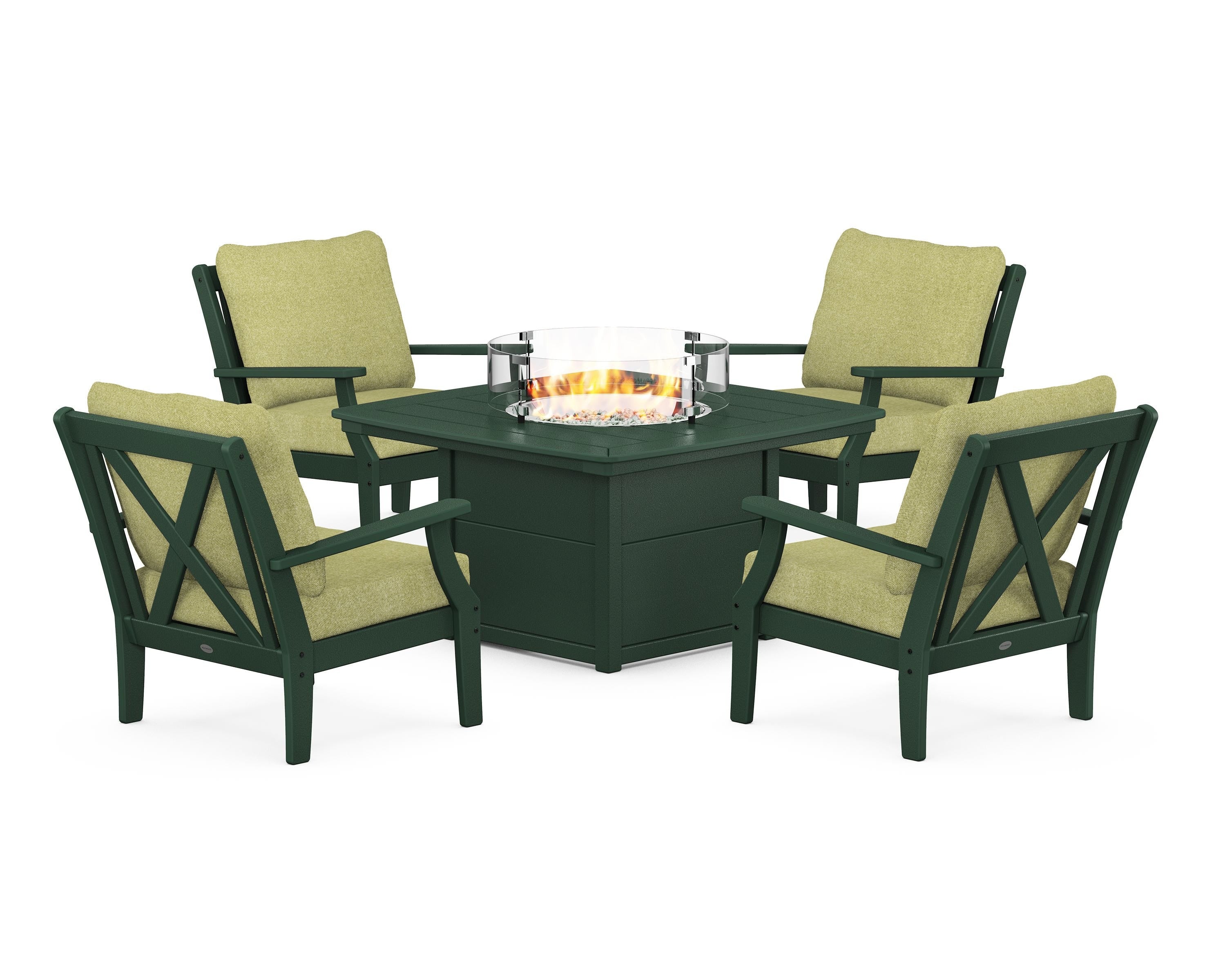 POLYWOOD® Braxton 5-Piece Deep Seating Conversation Set with Fire Pit Table in Green / Chartreuse Boucle