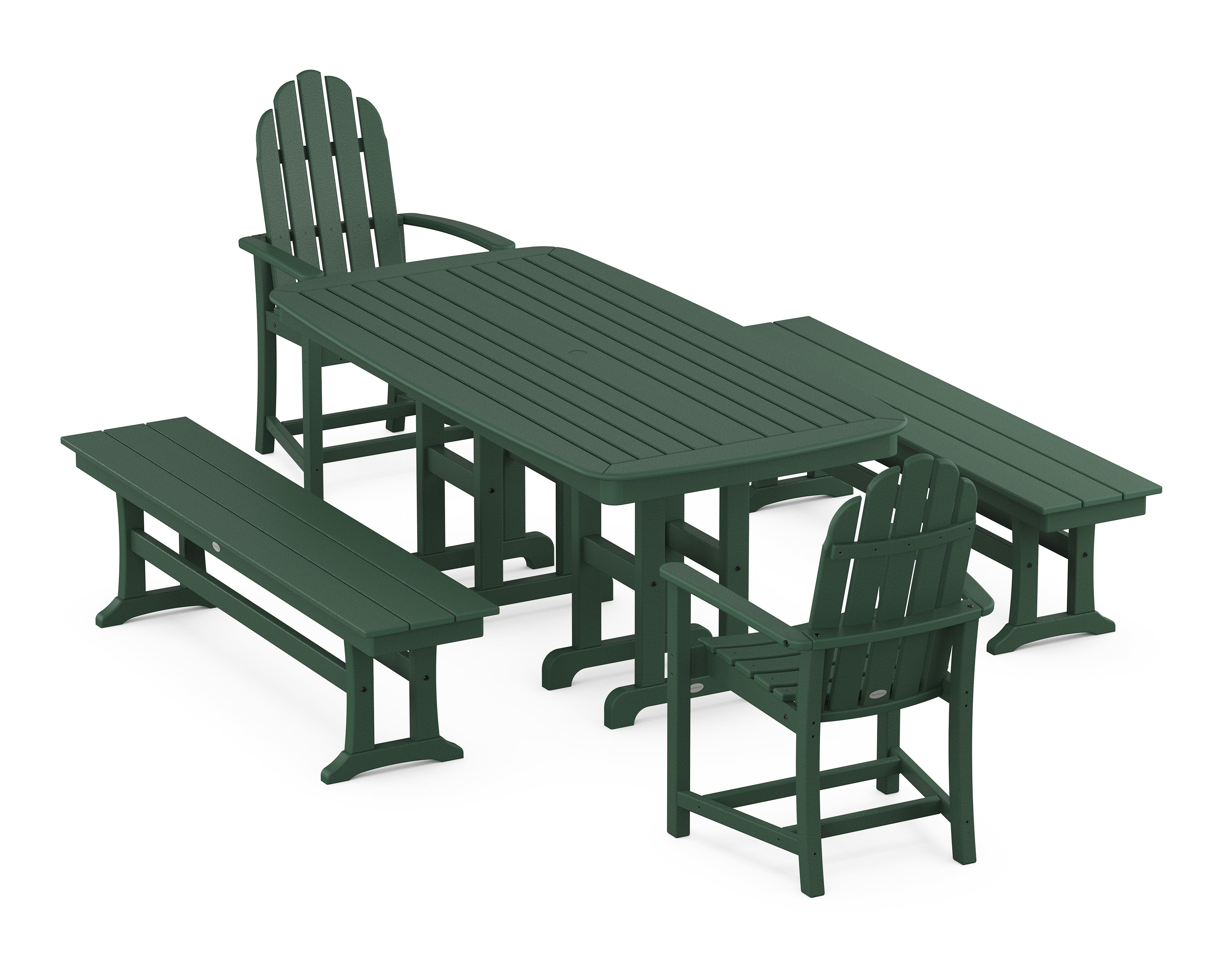POLYWOOD® Classic Adirondack 5-Piece Dining Set with Benches in Green