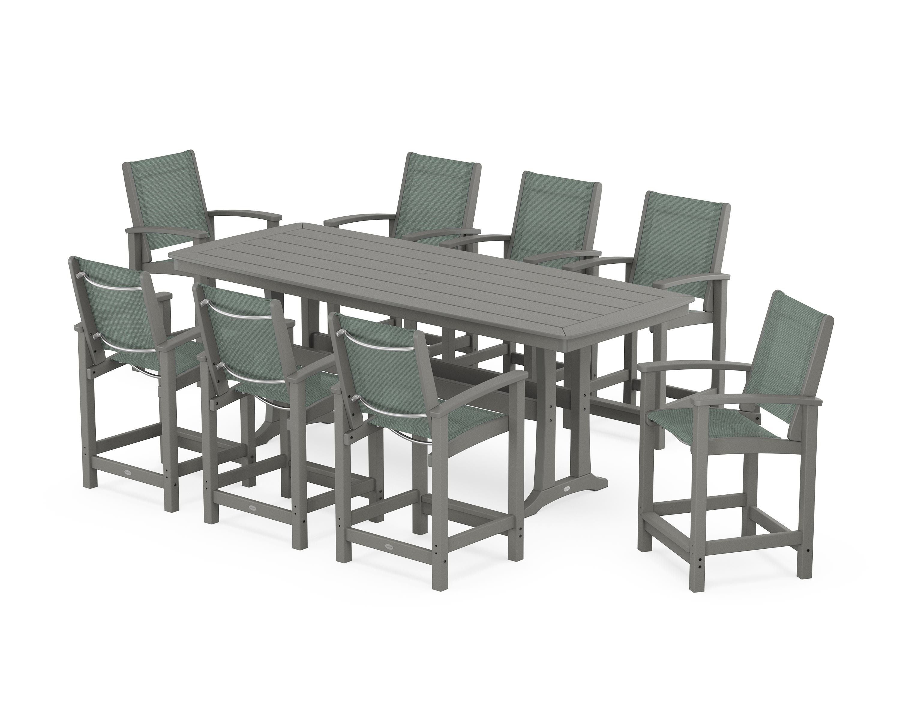 POLYWOOD® Coastal 9-Piece Counter Set with Trestle Legs in Slate Grey / Dupioni Sea Mist Sling