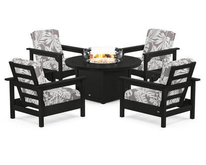 POLYWOOD® Club 5-Piece Conversation Set with Fire Pit Table in Black / Leaf Grey Mist