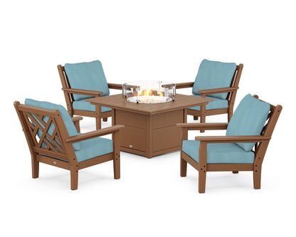 POLYWOOD® Chippendale 5-Piece Deep Seating Set with Fire Pit Table in Teak / Lattice Sky Blue