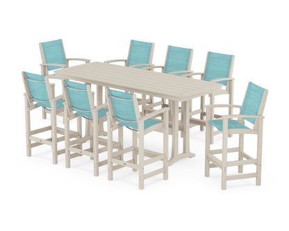 POLYWOOD® Coastal 9-Piece Bar Set with Trestle Legs in Sand / Dupioni Aquamarine Sling