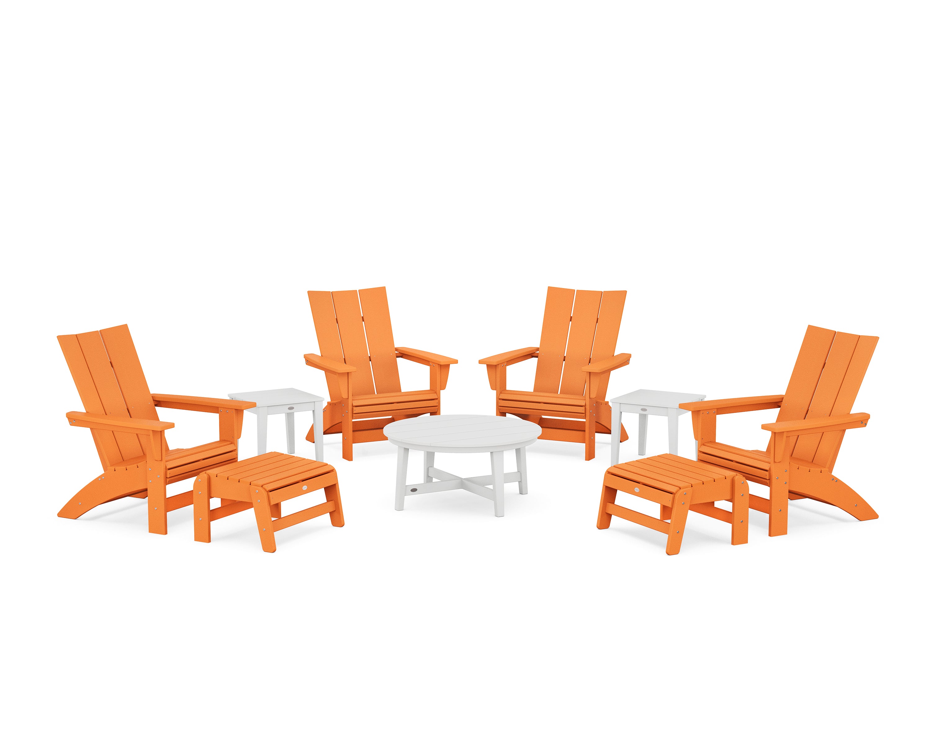 POLYWOOD® Modern Grand Adirondack 9-Piece Conversation Set in Tangerine / White