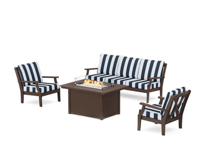 POLYWOOD® Braxton Deep Seating Fire Pit Table Set in Mahogany / Cabana Stripe Marine Indigo