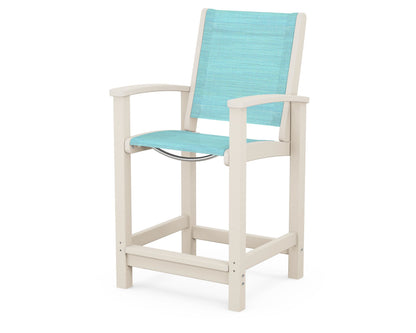 POLYWOOD® Coastal Counter Chair in Sand / Dupioni Aquamarine Sling