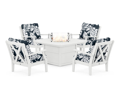 POLYWOOD® Braxton 5-Piece Deep Seating Conversation Set with Fire Pit Table in White / Leaf Marine Indigo
