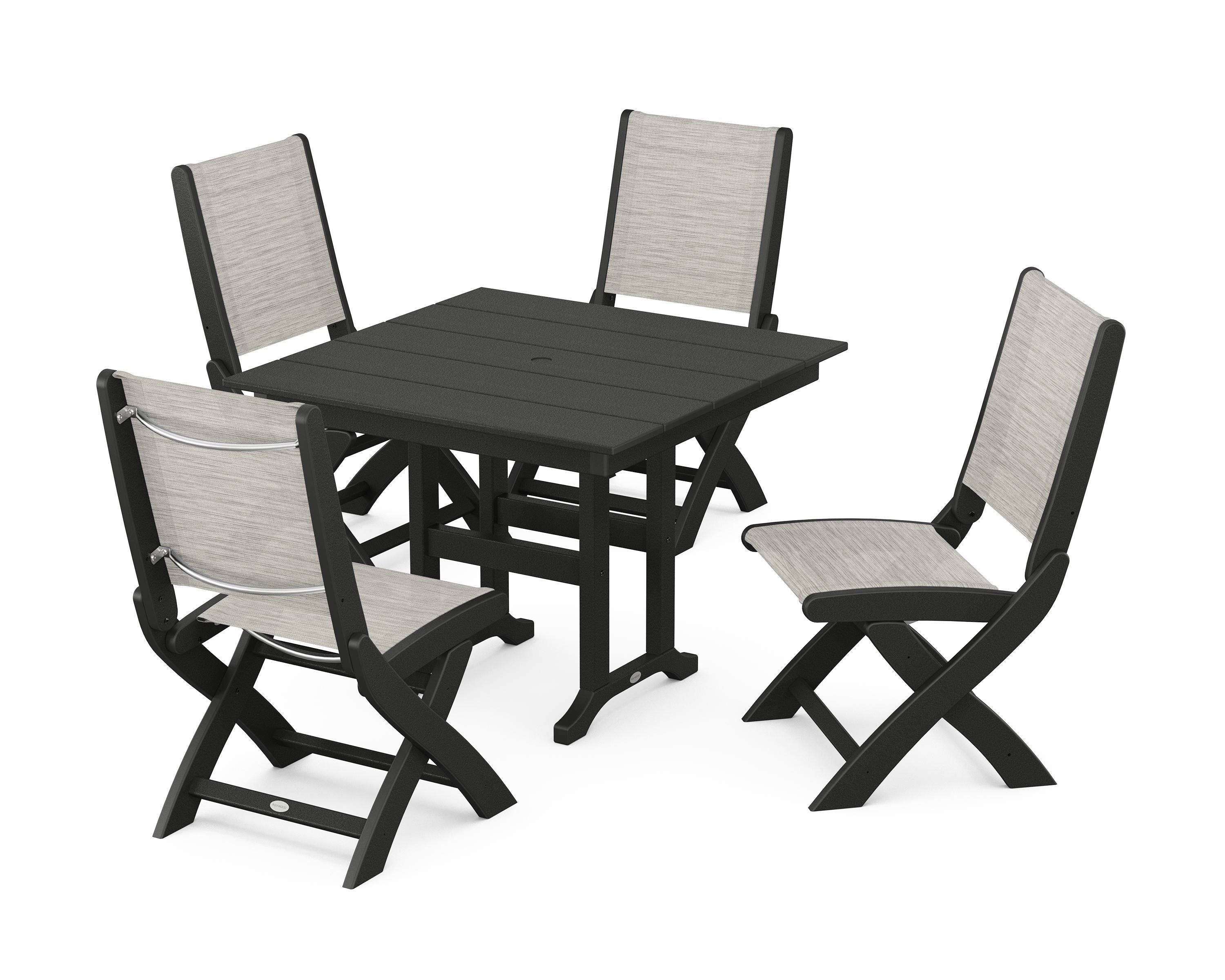 POLYWOOD® Coastal Folding Side Chair 5-Piece Farmhouse Dining Set in Black / Birch Sling