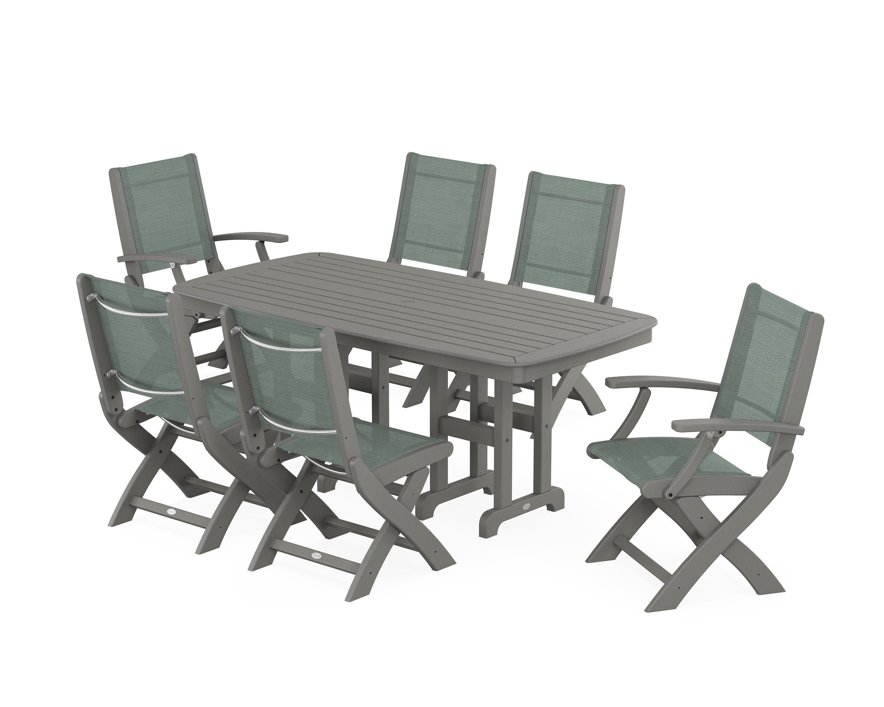 POLYWOOD® Coastal Folding Chair 7-Piece Dining Set in Slate Grey / Dupioni Sea Mist Sling