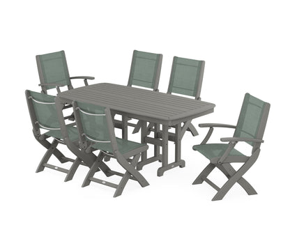POLYWOOD® Coastal Folding Chair 7-Piece Dining Set in Slate Grey / Dupioni Sea Mist Sling