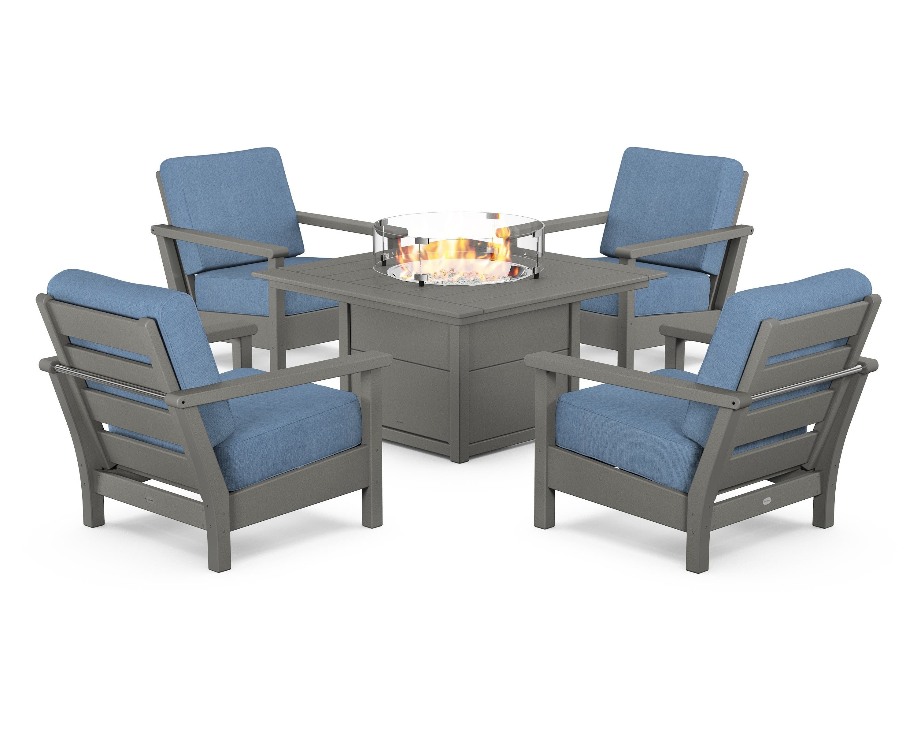 POLYWOOD® Harbour 5-Piece Conversation Set with Fire Pit Table in Slate Grey / Sky Blue