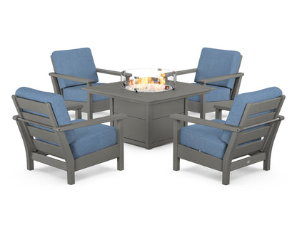 POLYWOOD® Harbour 5-Piece Conversation Set with Fire Pit Table in Slate Grey / Sky Blue