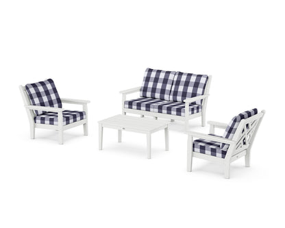 POLYWOOD® Chippendale 4-Piece Deep Seating Set with Loveseat in White / Buffalo Plaid Navy