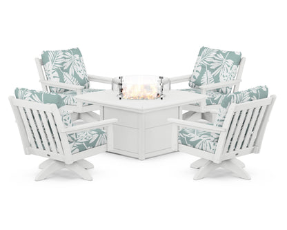 POLYWOOD® Vineyard 5-Piece Deep Seating Swivel Conversation Set with Fire Pit Table in White / Leaf Glacier Spa