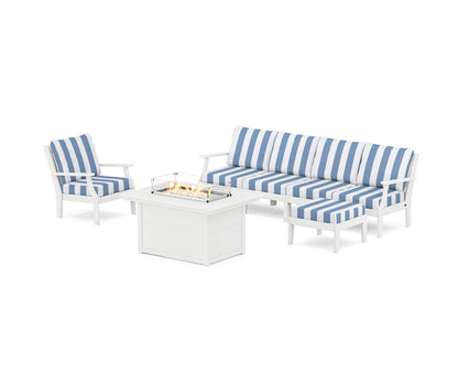 POLYWOOD® Braxton Sectional Lounge and Fire Pit Set in White / Cabana Stripe Sky Blue