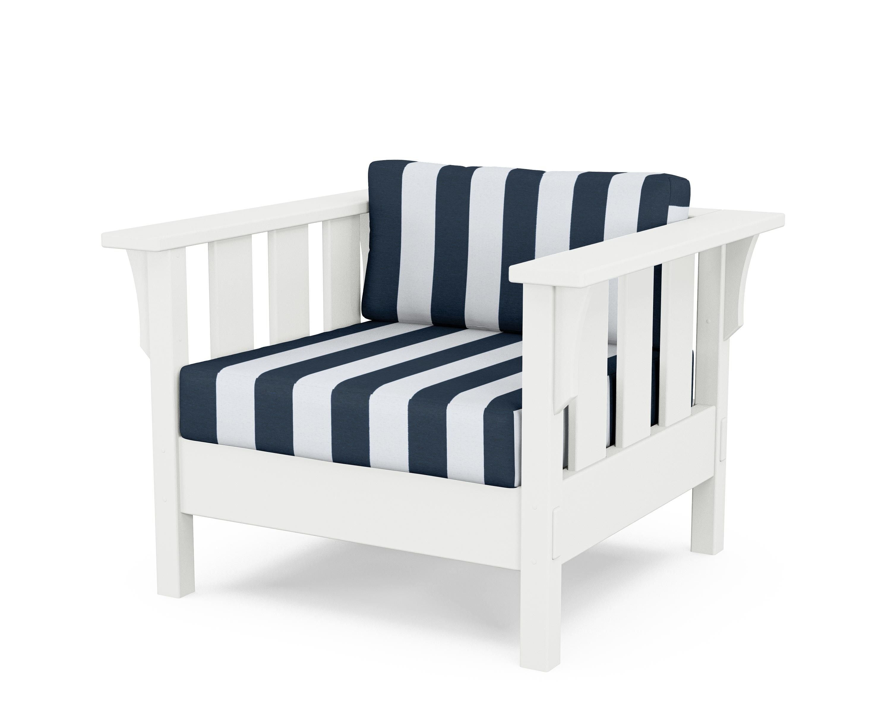 Martha Stewart by POLYWOOD® Acadia Deep Seating Chair in White / Cabana Stripe Marine Indigo