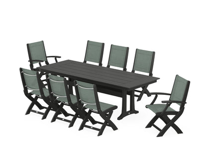 POLYWOOD® Coastal 9-Piece Folding Dining Chair Farmhouse Dining Set with Trestle Legs in Black / Dupioni Sea Mist Sling