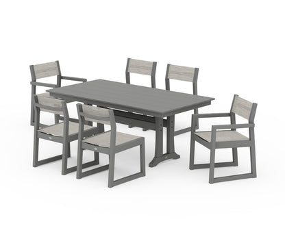 POLYWOOD® EDGE Sling 7-Piece Farmhouse Trestle Dining Set in Slate Grey / Birch Sling