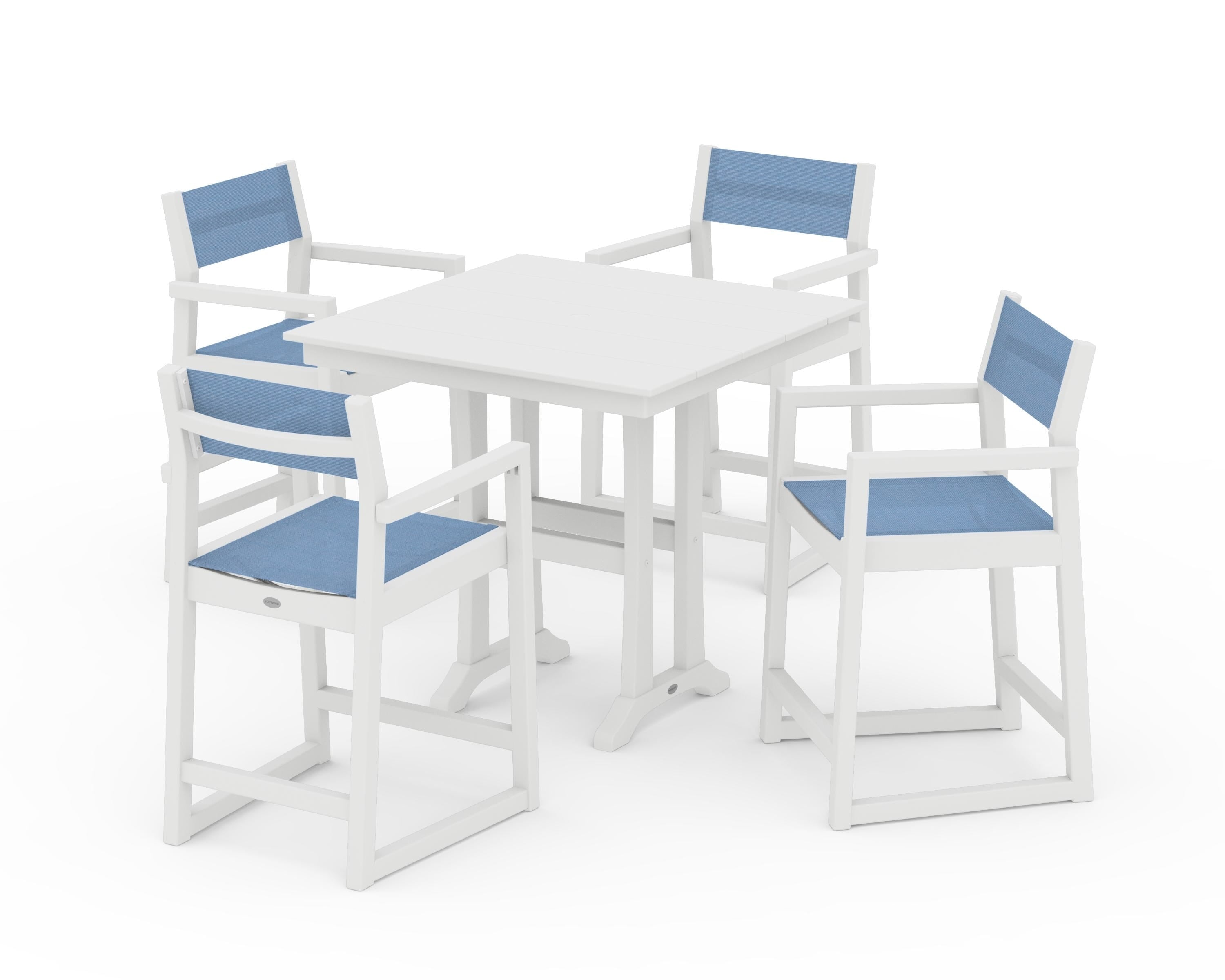POLYWOOD® EDGE Sling Arm Chair 5-Piece Farmhouse Counter Set with Trestle Legs in White / Poolside Sling