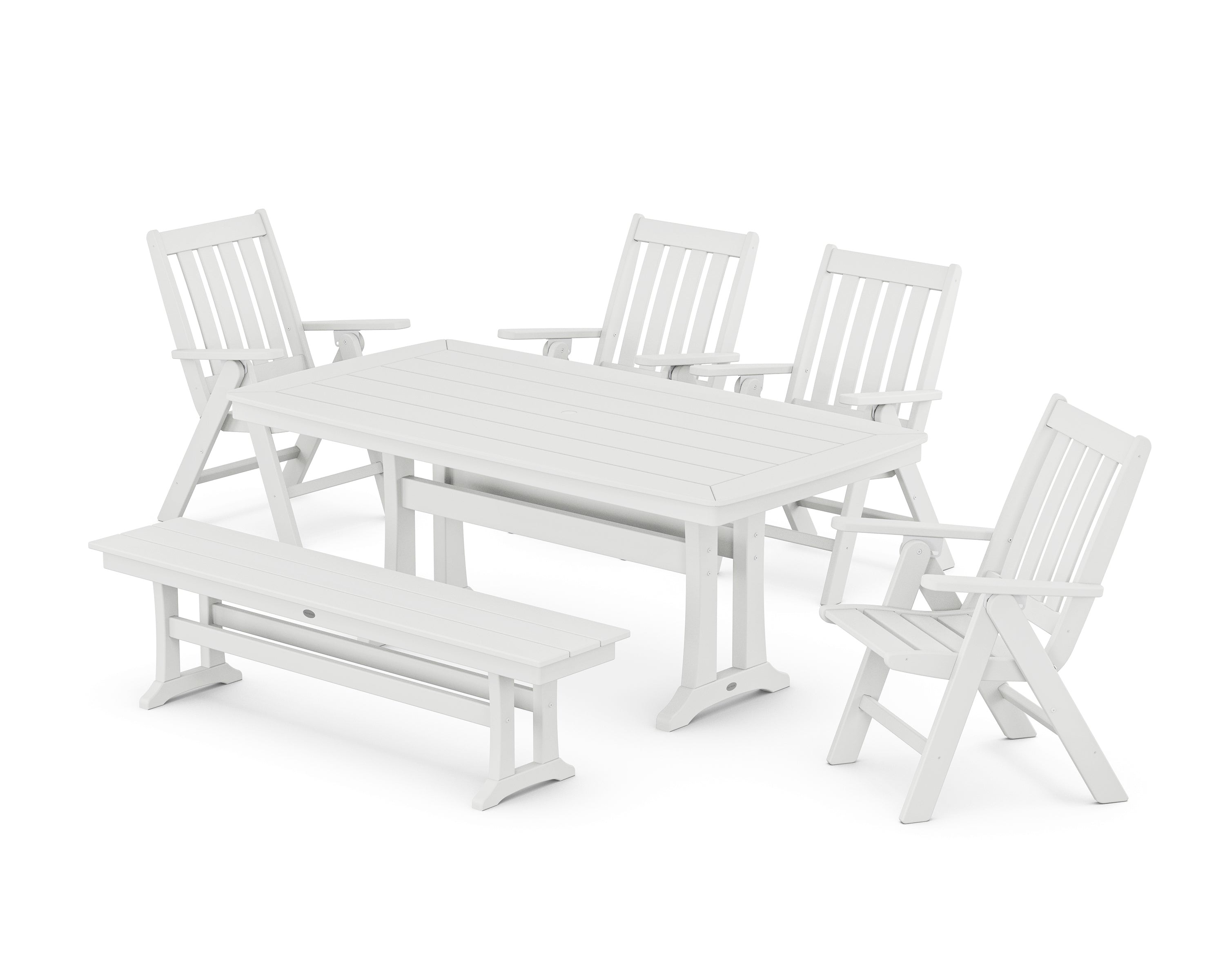 POLYWOOD® Vineyard Folding Chair 6-Piece Dining Set with Trestle Legs and Bench in White