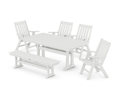 POLYWOOD® Vineyard Folding Chair 6-Piece Dining Set with Trestle Legs and Bench in White