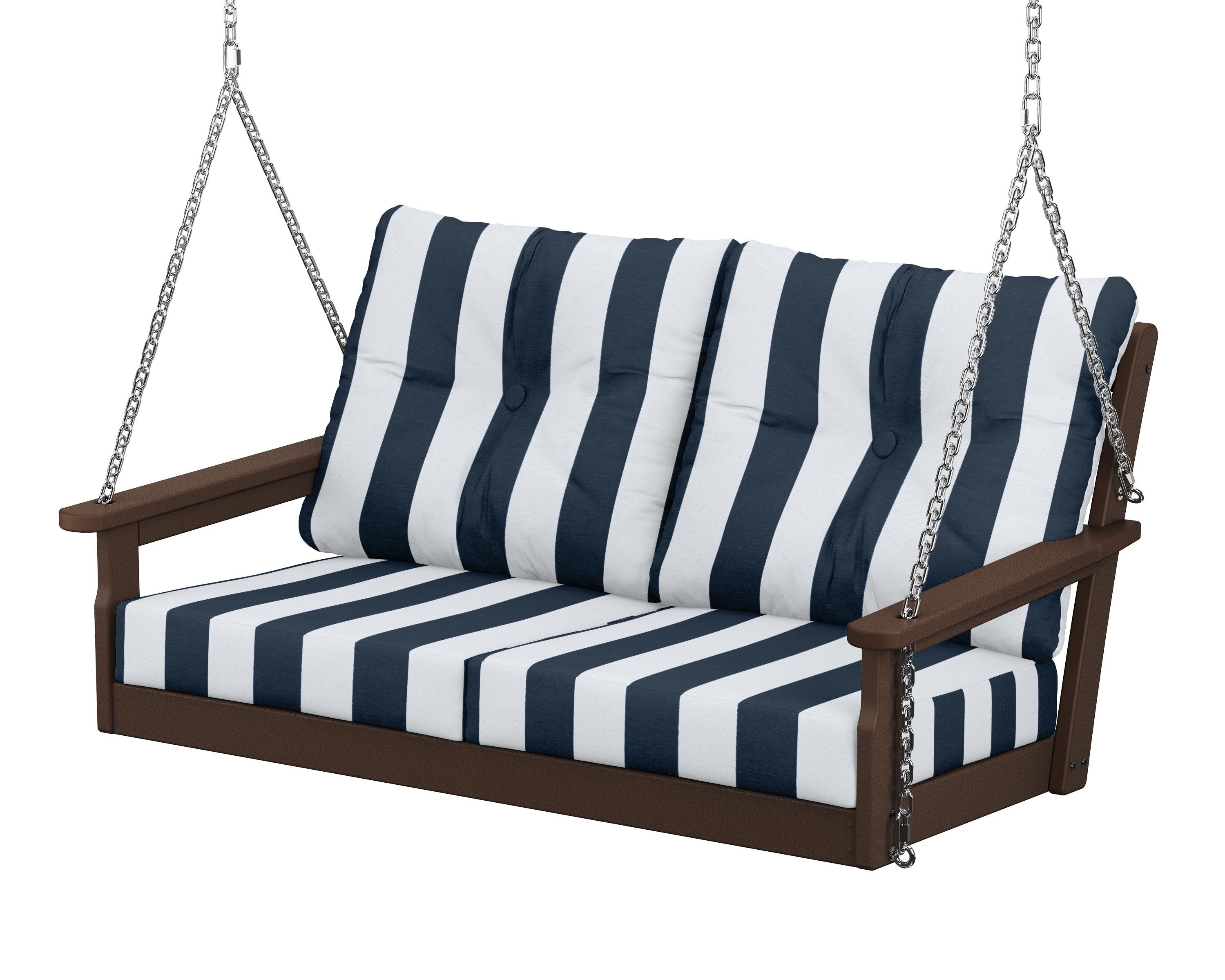 POLYWOOD® Vineyard Deep Seating Swing in Mahogany / Cabana Stripe Marine Indigo